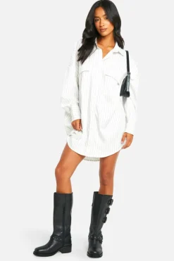 Shirt Dresses*boohoo Petite Oversized Stripe Shirt Dress white