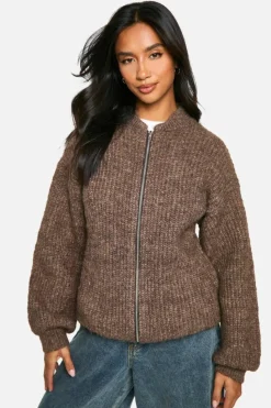 Cardigans|Jumpers & Cardigans*boohoo Petite Oversized Zip Through Knitted Bomber Jacket mocha