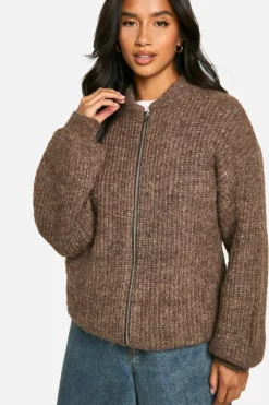Cardigans|Jumpers & Cardigans*boohoo Petite Oversized Zip Through Knitted Bomber Jacket mocha