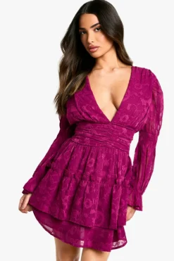 Skater Dresses*boohoo Petite Paisley Burnout Puff Sleeve Ruched Skater Dress plum