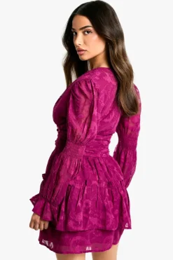 Skater Dresses*boohoo Petite Paisley Burnout Puff Sleeve Ruched Skater Dress plum