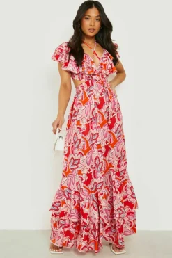 Skater Dresses|Maxi Dresses*boohoo Petite Paisley Ruffle Tie Back Maxi Dress pink