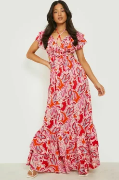 Skater Dresses|Maxi Dresses*boohoo Petite Paisley Ruffle Tie Back Maxi Dress pink
