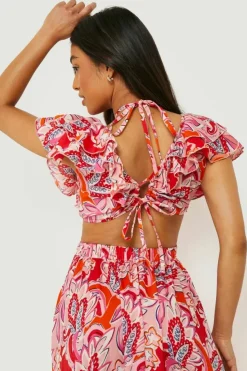 Skater Dresses|Maxi Dresses*boohoo Petite Paisley Ruffle Tie Back Maxi Dress pink