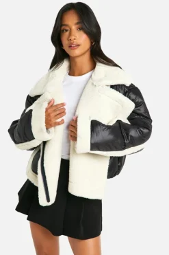 Up To 80% Off Winter Warmers|Aviator Jackets*boohoo Petite Panelled Puffer Aviator black