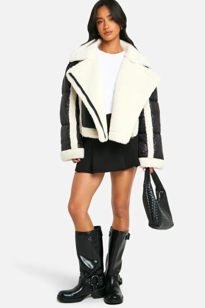 Up To 80% Off Winter Warmers|Aviator Jackets*boohoo Petite Panelled Puffer Aviator black