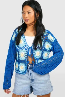 Cardigans*boohoo Petite Patchwork Crochet Tie Front Cardigan blue