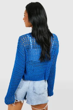 Cardigans*boohoo Petite Patchwork Crochet Tie Front Cardigan blue