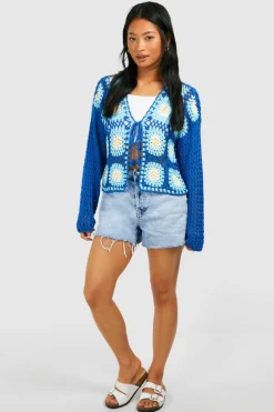 Cardigans*boohoo Petite Patchwork Crochet Tie Front Cardigan blue