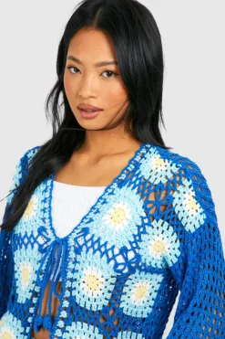 Cardigans*boohoo Petite Patchwork Crochet Tie Front Cardigan blue