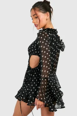Smock Dresses*boohoo Petite Polka Dot Chiffon Mini Dress black