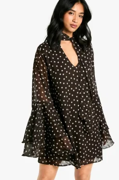 Smock Dresses|Mini Dresses*boohoo Petite Polkadot Flare Sleeve Chiffon Smock Dress chocolate