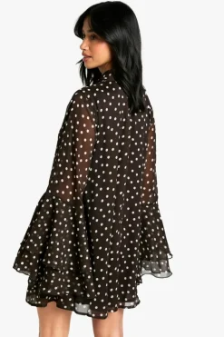 Smock Dresses|Mini Dresses*boohoo Petite Polkadot Flare Sleeve Chiffon Smock Dress chocolate