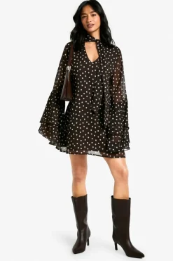 Smock Dresses|Mini Dresses*boohoo Petite Polkadot Flare Sleeve Chiffon Smock Dress chocolate