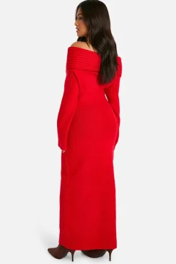 Jumper Dresses|Jumper Dresses*boohoo Petite Premium Oversized Rib Bardot Neckline Soft Knit Jumper Dress red