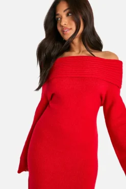 Jumper Dresses|Jumper Dresses*boohoo Petite Premium Oversized Rib Bardot Neckline Soft Knit Jumper Dress red