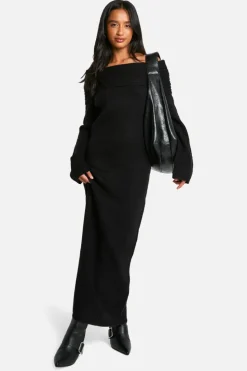 Jumper Dresses|Jumper Dresses*boohoo Petite Premium Oversized Rib Bardot Neckline Soft Knit Jumper Dress black