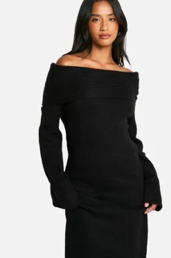 Jumper Dresses|Jumper Dresses*boohoo Petite Premium Oversized Rib Bardot Neckline Soft Knit Jumper Dress black