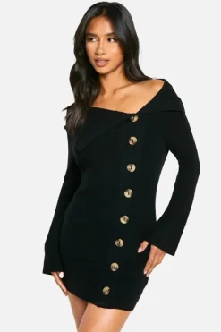Jumper Dresses|Jumper Dresses*boohoo Petite Premium Rib Knit Foldover Detail Button Down Mini Dress black