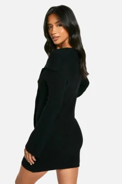 Jumper Dresses|Jumper Dresses*boohoo Petite Premium Rib Knit Foldover Detail Button Down Mini Dress black