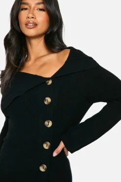 Jumper Dresses|Jumper Dresses*boohoo Petite Premium Rib Knit Foldover Detail Button Down Mini Dress black