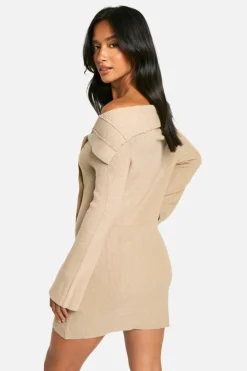 Jumper Dresses|Jumper Dresses*boohoo Petite Premium Rib Knit Foldover Detail Button Down Mini Dress oatmeal