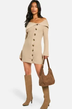 Jumper Dresses|Jumper Dresses*boohoo Petite Premium Rib Knit Foldover Detail Button Down Mini Dress oatmeal