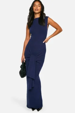 Maxi Dresses|Jumper Dresses*boohoo Petite Premium Rib Knit Tie Waist Detail Maxi Dress navy
