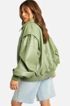 Up To 80% Off Winter Warmers|Bomber Jackets*boohoo Petite Pu Contrast Stitch Oversized Bomber Jacket olive