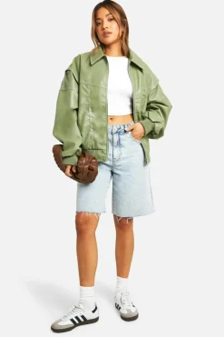 Up To 80% Off Winter Warmers|Bomber Jackets*boohoo Petite Pu Contrast Stitch Oversized Bomber Jacket olive