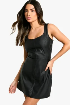 A Line Dresses*boohoo Petite PU Scoop Neck Mini Dress black