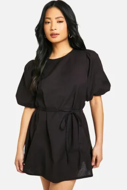 Smock Dresses*boohoo Petite Puff Sleeve Tie Waist Linen Look Smock Dress black