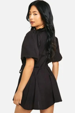 Smock Dresses*boohoo Petite Puff Sleeve Tie Waist Linen Look Smock Dress black