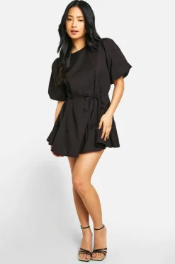 Smock Dresses*boohoo Petite Puff Sleeve Tie Waist Linen Look Smock Dress black