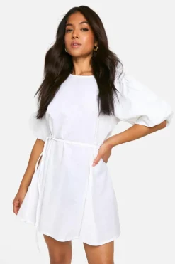 Smock Dresses*boohoo Petite Puff Sleeve Tie Waist Linen Look Smock Dress white
