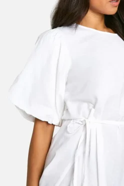 Smock Dresses*boohoo Petite Puff Sleeve Tie Waist Linen Look Smock Dress white