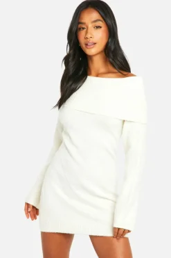 Jumper Dresses|Jumper Dresses*boohoo Petite Rib Bardot Neckline Mini Jumper Dress ecru