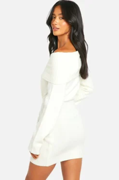 Jumper Dresses|Jumper Dresses*boohoo Petite Rib Bardot Neckline Mini Jumper Dress ecru
