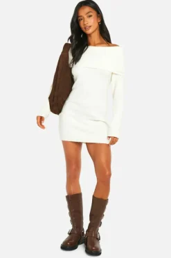 Jumper Dresses|Jumper Dresses*boohoo Petite Rib Bardot Neckline Mini Jumper Dress ecru