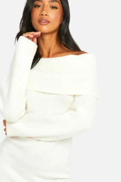 Jumper Dresses|Jumper Dresses*boohoo Petite Rib Bardot Neckline Mini Jumper Dress ecru