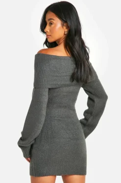 Jumper Dresses|Jumper Dresses*boohoo Petite Rib Bardot Neckline Mini Jumper Dress charcoal