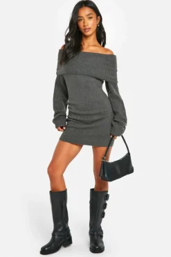 Jumper Dresses|Jumper Dresses*boohoo Petite Rib Bardot Neckline Mini Jumper Dress charcoal