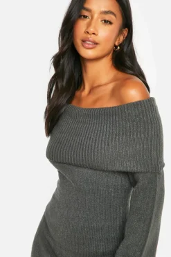 Jumper Dresses|Jumper Dresses*boohoo Petite Rib Bardot Neckline Mini Jumper Dress charcoal