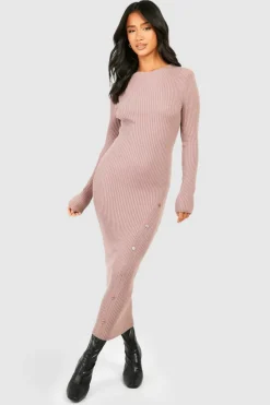 Jumper Dresses|Jumper Dresses*boohoo Petite Rib Knit Asymmetric Button Detail Midaxi Dress mocha