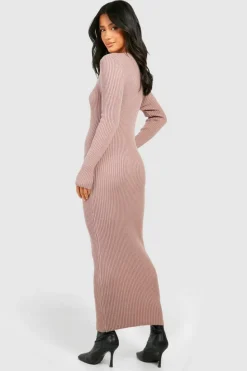 Jumper Dresses|Jumper Dresses*boohoo Petite Rib Knit Asymmetric Button Detail Midaxi Dress mocha