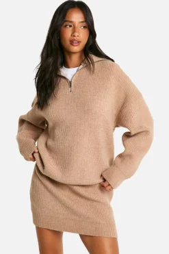 Up To 80% Off Winter Warmers|Knitwear*boohoo Petite Rib Knit Half Zip Jumper And Mini Skirt Co Ord sand
