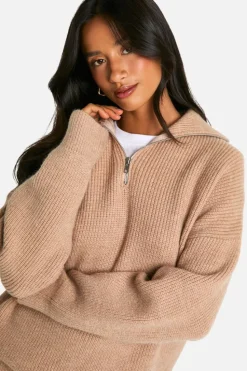 Up To 80% Off Winter Warmers|Knitwear*boohoo Petite Rib Knit Half Zip Jumper And Mini Skirt Co Ord sand