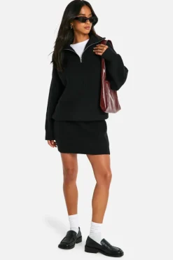 Up To 80% Off Winter Warmers|Knitwear*boohoo Petite Rib Knit Half Zip Jumper And Mini Skirt Co Ord black