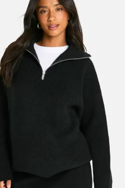 Up To 80% Off Winter Warmers|Knitwear*boohoo Petite Rib Knit Half Zip Jumper And Mini Skirt Co Ord black