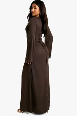 Maxi Dresses*boohoo Petite Rib Lace Up Flare Sleeve Maxi Dress chocolate